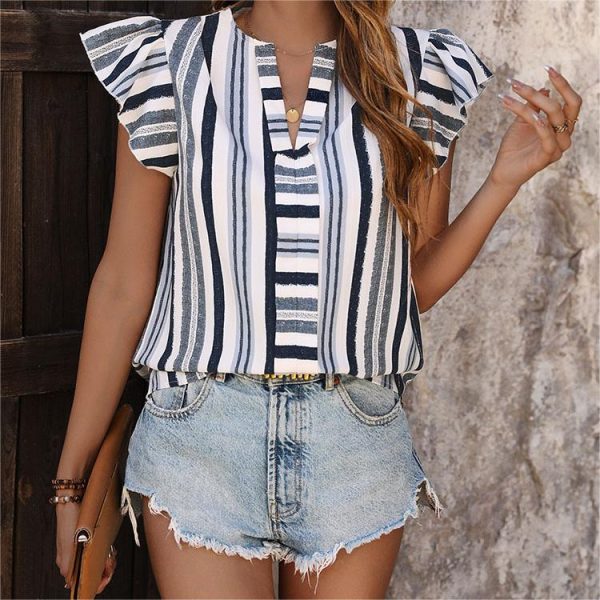 Women's Color Block Vertical Striped Patchwork Pullover Shirt Ruffle Flutter Sleeves V-Neck Collar Floral Print Casual Summer