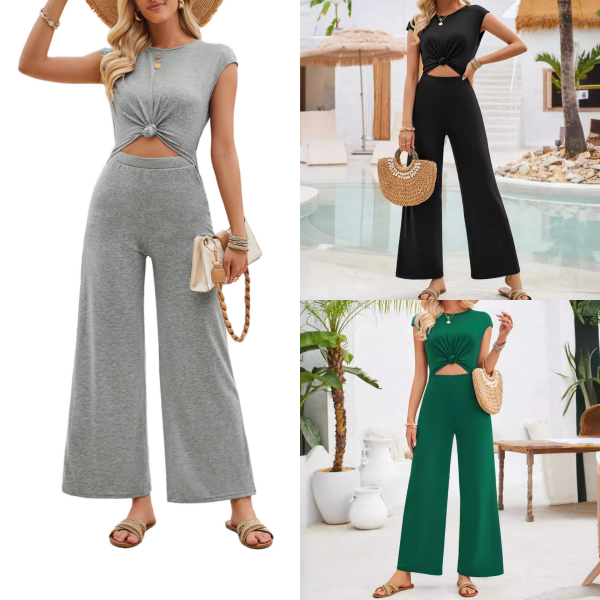 Casual Summer Fashion Women's Solid Color Round Neck Short Sleeve Jumpsuit - Image 2