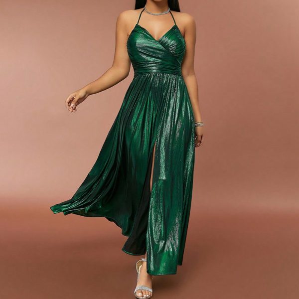 Sexy Vintage Solid Color Ruched Split Hem Full Skirt Spaghetti Strap Gowns for Women