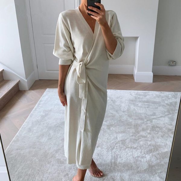 Fall Winter elegant knitwear sexy V-neck solid color long women sweater lace up cozy knit dress - Image 4