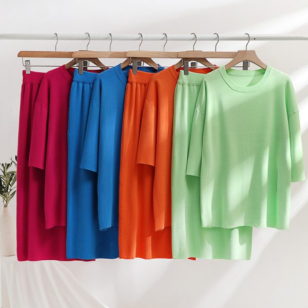 oversize split sweater top high waist skirts pure color knitted 2 piece dress set women - Image 5