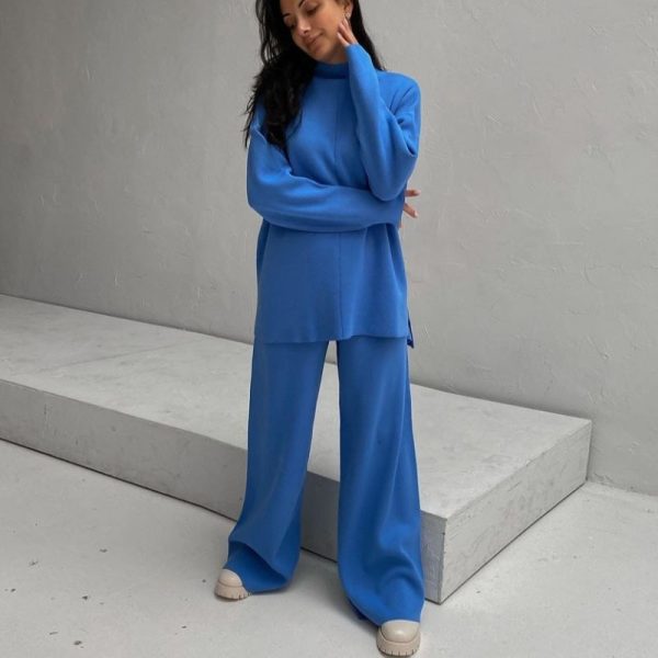 Latest design turtleneck oversize sweaters wide leg pants elegant knitted women 2 piece outfits - Image 4