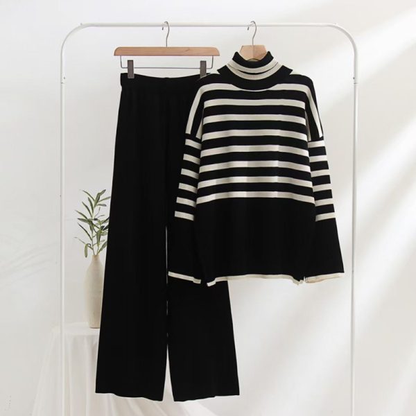 Women's Cashmere Suit Plain Knitted Turtleneck striped Female Wool Sweater Pant Knit Two Piece set