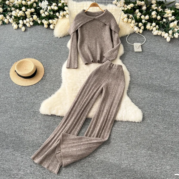 LW0107 Big Lapel Two-Piece Suit Women'S Sweater Slimming Base Top High Waist Vertical Pattern Sweater Pants Set - Image 3