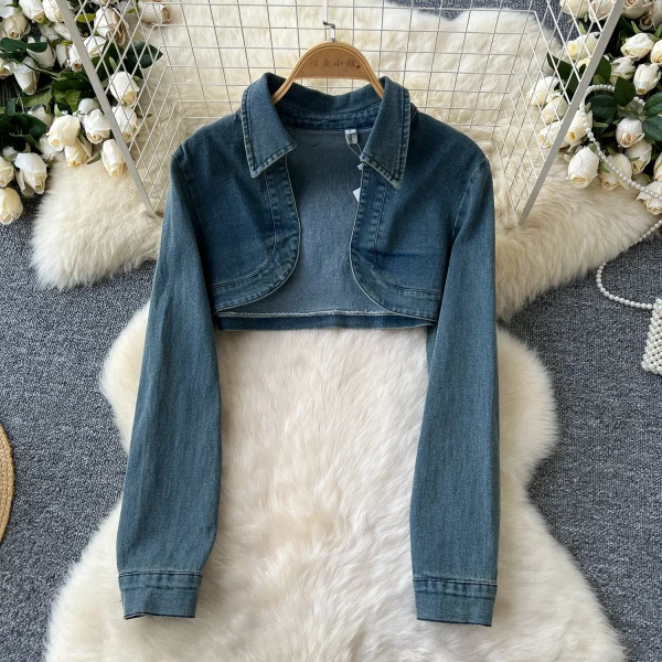 LE4751 Spice Girls Denim Suit Pant Sets Women Fall Two-Piece Waist Slimming Halter Pleat Dress + Long Sleeve Cardigan Coat - Image 4
