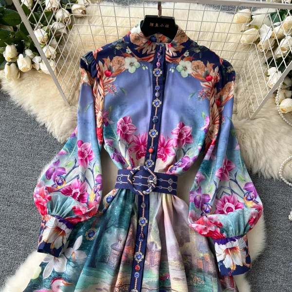ZT1521 Palace Vintage French Senior Sense Stand Collar Lantern Long-sleeved Floral Elegant Printed Swing Dress Maxi Dress Woman - Image 2