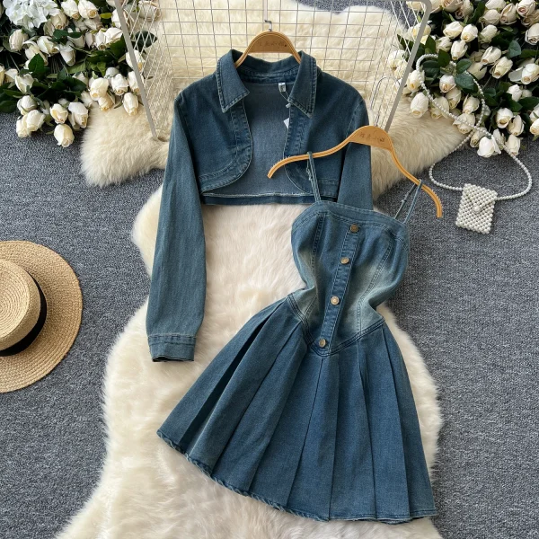 LE4751 Spice Girls Denim Suit Pant Sets Women Fall Two-Piece Waist Slimming Halter Pleat Dress + Long Sleeve Cardigan Coat